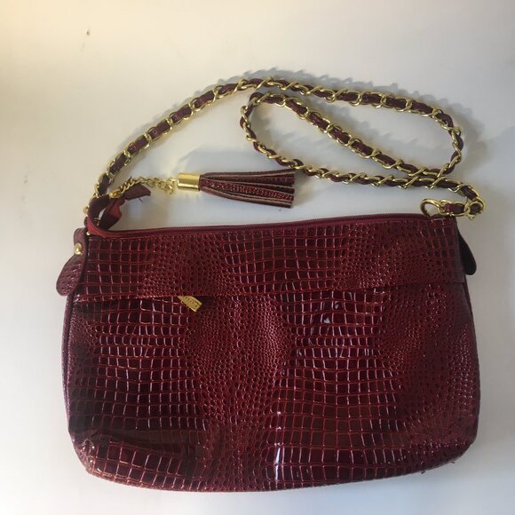 Purse Vecceli Italy Crocodile Print Handbag Gold Chain Handle Faux Burgundy Red - Picture 11 of 11